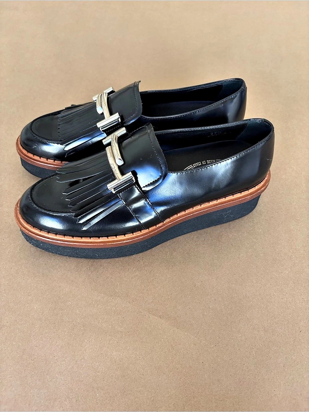 Tod's T Timeless Leather Platform Loafers with Fringes Black Leather-Style